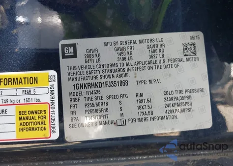 2015 Chevrolet Traverse 2Lt from USA, damaged, VIN 1GNKRHKD1FJ351068